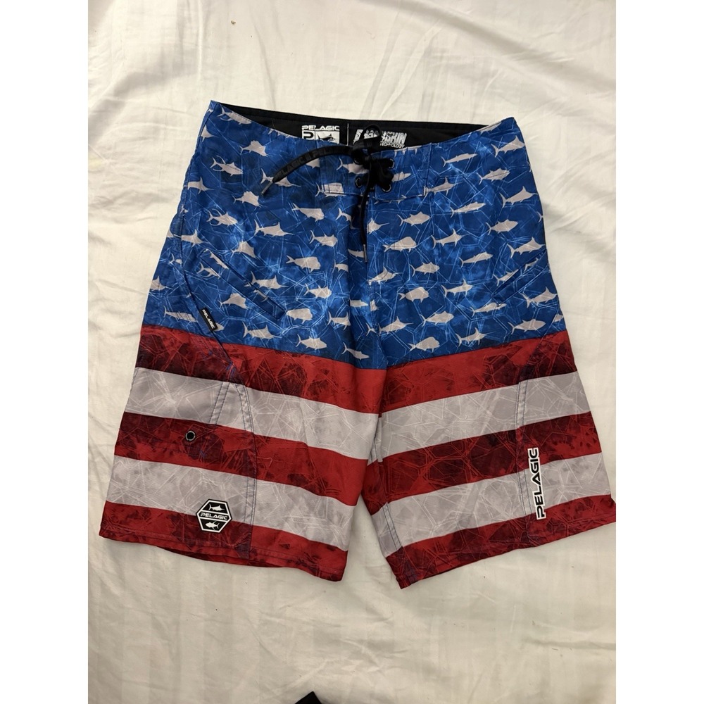 Pelagic Youth Sharkskin 27 Waist Fishing Board Shorts Flag Size XL 16